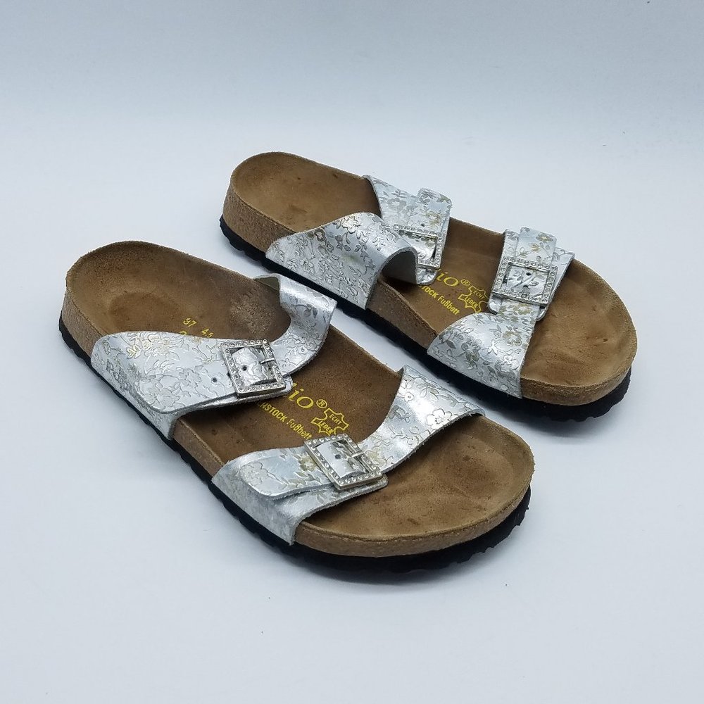 Birkenstock Papillio Sydney Women' Size 6 Slip On Slides Gray Silver Floral